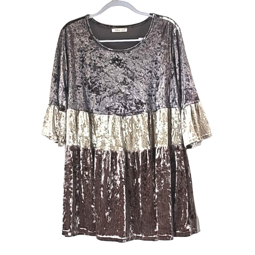 Womens Sz M Brown Ruffle Sleeve Tiered Ruffle Velvet Festival BOHO Tunic Top